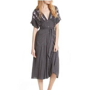Free People Charcoal Embroidered V-Neck Midi Dress